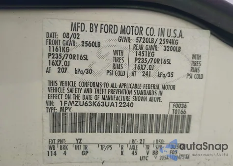 2003 Ford Explorer Nbx/Xlt z USA, uszkodzony, nr VIN 1FMZU63K63UA12240